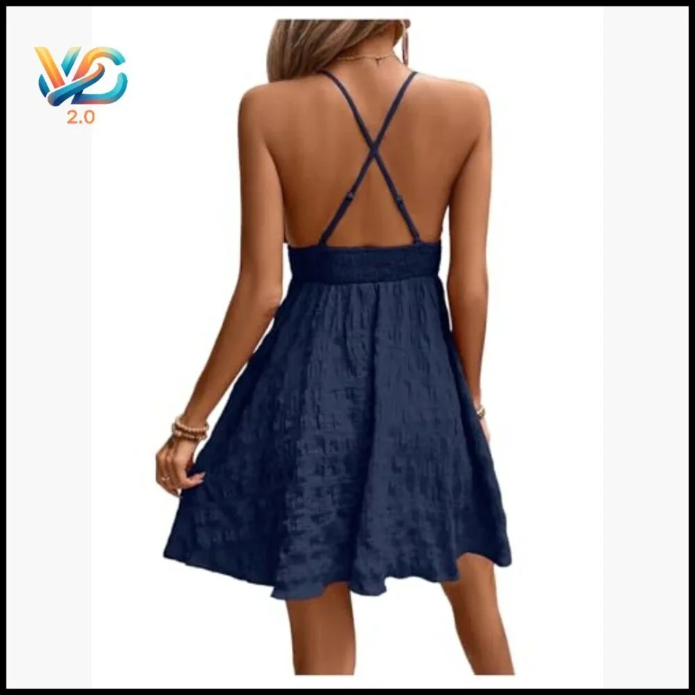 Women's Summer Spaghetti Strap Deep V Neck Shirred A-Line Flowy Sundress